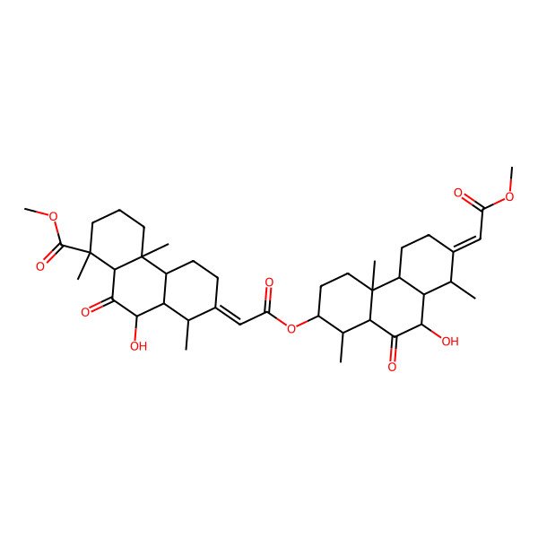 2D Structure of methyl (1S,4aR,4bS,7E,8R,8aS,9R,10aR)-7-[2-[[(1S,2S,4aR,4bS,7E,8R,8aS,9R,10aS)-9-hydroxy-7-(2-methoxy-2-oxoethylidene)-1,4a,8-trimethyl-10-oxo-2,3,4,4b,5,6,8,8a,9,10a-decahydro-1H-phenanthren-2-yl]oxy]-2-oxoethylidene]-9-hydroxy-1,4a,8-trimethyl-10-oxo-2,3,4,4b,5,6,8,8a,9,10a-decahydrophenanthrene-1-carboxylate