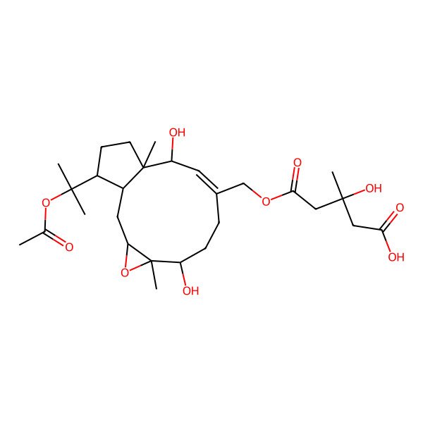 2D Structure of (3S)-5-[[(1S,3R,5R,6R,9E,11S,12S,15R)-15-(2-acetyloxypropan-2-yl)-6,11-dihydroxy-5,12-dimethyl-4-oxatricyclo[10.3.0.03,5]pentadec-9-en-9-yl]methoxy]-3-hydroxy-3-methyl-5-oxopentanoic acid