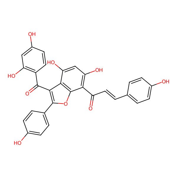 2D Structure of (E)-1-[3-(2,4-dihydroxybenzoyl)-4,6-dihydroxy-2-(4-hydroxyphenyl)-1-benzofuran-7-yl]-3-(4-hydroxyphenyl)prop-2-en-1-one