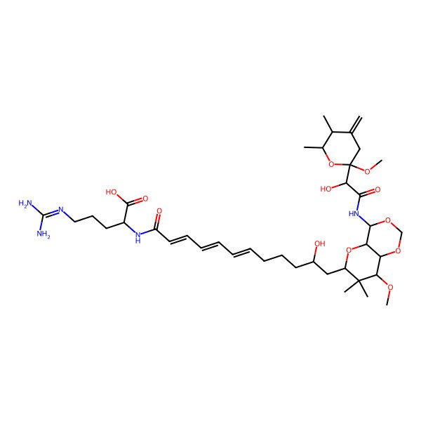 2D Structure of (2S)-2-[[(2E,4E,6E,11R)-12-[(4S,4aS,6R,8S,8aR)-4-[[(2R)-2-hydroxy-2-[(2R,5R,6R)-2-methoxy-5,6-dimethyl-4-methylideneoxan-2-yl]acetyl]amino]-8-methoxy-7,7-dimethyl-4a,6,8,8a-tetrahydro-4H-pyrano[3,2-d][1,3]dioxin-6-yl]-11-hydroxydodeca-2,4,6-trienoyl]amino]-5-(diaminomethylideneamino)pentanoic acid