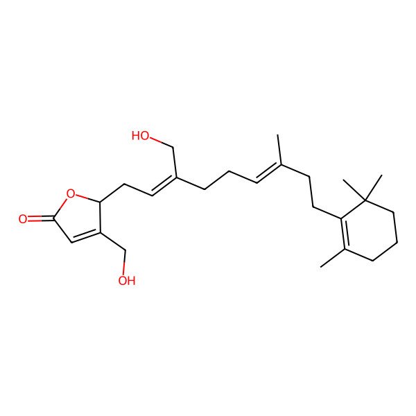 2D Structure of (2R)-3-(hydroxymethyl)-2-[(6E)-3-(hydroxymethyl)-7-methyl-9-(2,6,6-trimethylcyclohexen-1-yl)nona-2,6-dienyl]-2H-furan-5-one