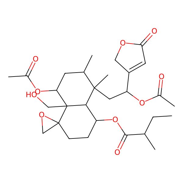 2D Structure of [(1R,4R,4aR,5S,7R,8S,8aR)-5-acetyloxy-8-[(2S)-2-acetyloxy-2-(5-oxo-2H-furan-3-yl)ethyl]-4a-(hydroxymethyl)-7,8-dimethylspiro[2,3,5,6,7,8a-hexahydro-1H-naphthalene-4,2'-oxirane]-1-yl] (2S)-2-methylbutanoate