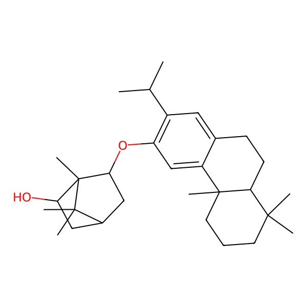 2D Structure of (1S,2R,4R,6S)-6-[[(4bS,8aS)-4b,8,8-trimethyl-2-propan-2-yl-5,6,7,8a,9,10-hexahydrophenanthren-3-yl]oxy]-1,7,7-trimethylbicyclo[2.2.1]heptan-2-ol