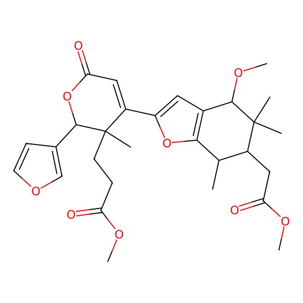 2D Structure of methyl 3-[2-(furan-3-yl)-4-[4-methoxy-6-(2-methoxy-2-oxoethyl)-5,5,7-trimethyl-6,7-dihydro-4H-1-benzofuran-2-yl]-3-methyl-6-oxo-2H-pyran-3-yl]propanoate