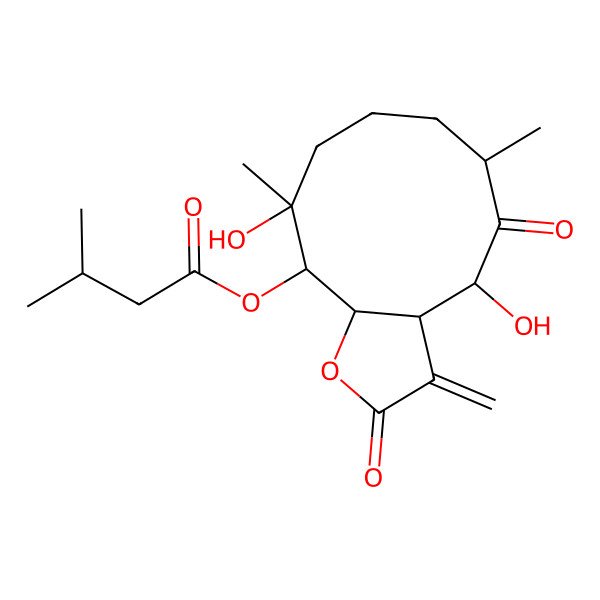 2D Structure of (4,10-Dihydroxy-6,10-dimethyl-3-methylidene-2,5-dioxo-3a,4,6,7,8,9,11,11a-octahydrocyclodeca[b]furan-11-yl) 3-methylbutanoate