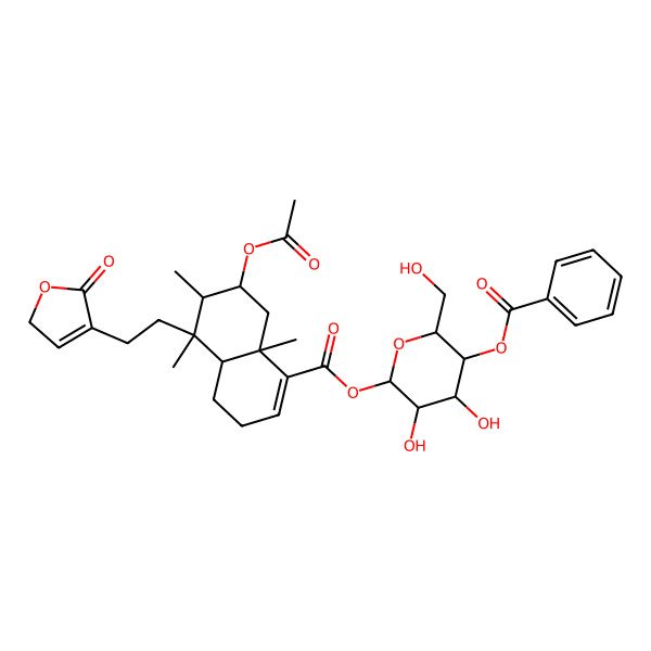 2D Structure of [(2S,3R,4R,5S,6R)-5-benzoyloxy-3,4-dihydroxy-6-(hydroxymethyl)oxan-2-yl] (4aR,5R,6S,7S,8aR)-7-acetyloxy-5,6,8a-trimethyl-5-[2-(5-oxo-2H-furan-4-yl)ethyl]-3,4,4a,6,7,8-hexahydronaphthalene-1-carboxylate