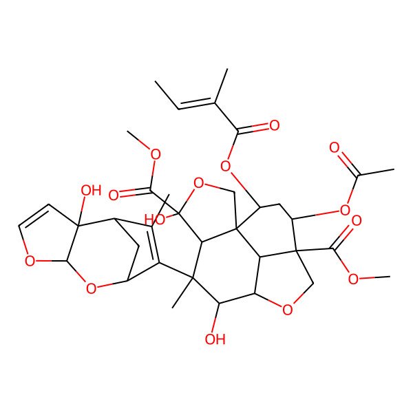2D Structure of Dimethyl 12-acetyloxy-4,7-dihydroxy-6-(2-hydroxy-10-methyl-5,7-dioxatricyclo[6.2.1.02,6]undeca-3,9-dien-9-yl)-6-methyl-14-(2-methylbut-2-enoyloxy)-3,9-dioxatetracyclo[6.6.1.01,5.011,15]pentadecane-4,11-dicarboxylate