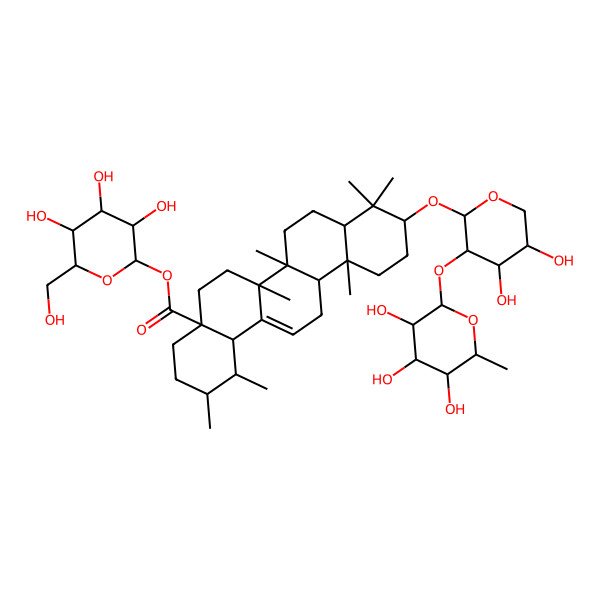 2D Structure of [(2S,3R,4S,5S,6R)-3,4,5-trihydroxy-6-(hydroxymethyl)oxan-2-yl] (1S,2R,4aS,6aR,6aS,6bR,8aR,10S,12aR,14bS)-10-[(2S,3R,4S,5S)-4,5-dihydroxy-3-[(2S,3R,4R,5R,6S)-3,4,5-trihydroxy-6-methyloxan-2-yl]oxyoxan-2-yl]oxy-1,2,6a,6b,9,9,12a-heptamethyl-2,3,4,5,6,6a,7,8,8a,10,11,12,13,14b-tetradecahydro-1H-picene-4a-carboxylate