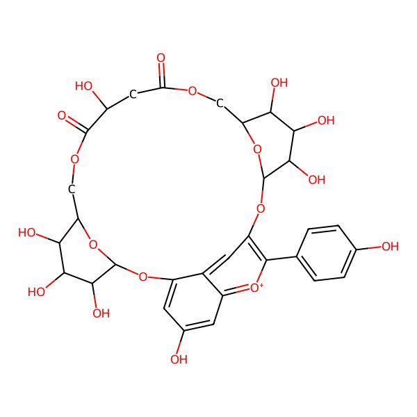 2D Structure of (3S,4R,5S,6S,7R,11R,16R,17S,18R,19S,20S)-4,5,6,11,17,18,19,27-octahydroxy-23-(4-hydroxyphenyl)-2,9,14,21,31,32-hexaoxa-24-oxoniapentacyclo[20.6.2.13,7.116,20.025,29]dotriaconta-1(28),22,24,26,29-pentaene-10,13-dione