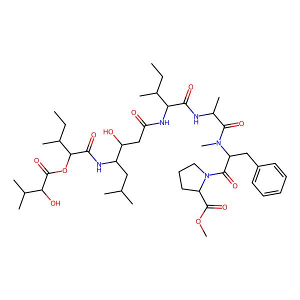 2D Structure of Methyl 1-[2-[2-[[2-[[3-hydroxy-4-[[2-(2-hydroxy-3-methylbutanoyl)oxy-3-methylpentanoyl]amino]-6-methylheptanoyl]amino]-3-methylpentanoyl]amino]propanoyl-methylamino]-3-phenylpropanoyl]pyrrolidine-2-carboxylate