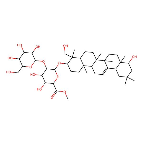 2D Structure of Methyl 3,4-dihydroxy-6-[[9-hydroxy-4-(hydroxymethyl)-4,6a,6b,8a,11,11,14b-heptamethyl-1,2,3,4a,5,6,7,8,9,10,12,12a,14,14a-tetradecahydropicen-3-yl]oxy]-5-[3,4,5-trihydroxy-6-(hydroxymethyl)oxan-2-yl]oxyoxane-2-carboxylate