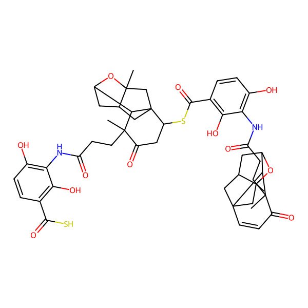 2D Structure of 3-[3-[(1R,5S,6S,7R,9S,10S)-2-[3-[3-[(1S,5S,6R,7S,9S,10S)-5,9-dimethyl-4-oxo-8-oxatetracyclo[7.2.1.17,10.01,6]tridec-2-en-5-yl]propanoylamino]-2,4-dihydroxybenzoyl]sulfanyl-5,9-dimethyl-4-oxo-8-oxatetracyclo[7.2.1.17,10.01,6]tridecan-5-yl]propanoylamino]-2,4-dihydroxybenzenecarbothioic S-acid