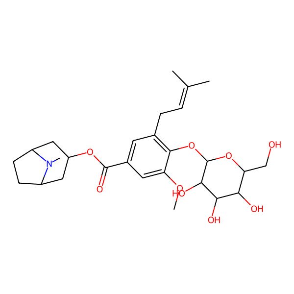 2D Structure of (8-Methyl-8-azabicyclo[3.2.1]octan-3-yl) 3-methoxy-5-(3-methylbut-2-enyl)-4-[3,4,5-trihydroxy-6-(hydroxymethyl)oxan-2-yl]oxybenzoate