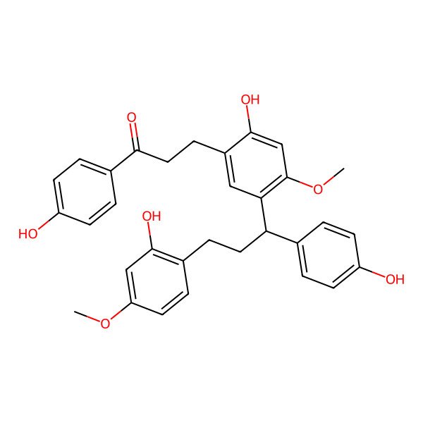 2D Structure of 3-[2-hydroxy-5-[(1S)-3-(2-hydroxy-4-methoxyphenyl)-1-(4-hydroxyphenyl)propyl]-4-methoxyphenyl]-1-(4-hydroxyphenyl)propan-1-one