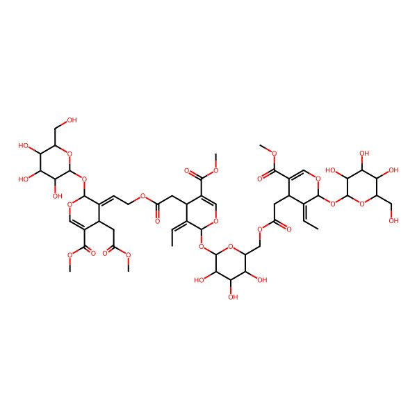 2D Structure of methyl (4S,5E,6S)-5-ethylidene-6-[(2S,3R,4S,5S,6R)-6-[[2-[(2S,3Z,4S)-3-ethylidene-5-methoxycarbonyl-2-[(2S,3R,4S,5S,6R)-3,4,5-trihydroxy-6-(hydroxymethyl)oxan-2-yl]oxy-4H-pyran-4-yl]acetyl]oxymethyl]-3,4,5-trihydroxyoxan-2-yl]oxy-4-[2-[(2Z)-2-[(2S,4S)-5-methoxycarbonyl-4-(2-methoxy-2-oxoethyl)-2-[(2S,3R,4S,5S,6R)-3,4,5-trihydroxy-6-(hydroxymethyl)oxan-2-yl]oxy-4H-pyran-3-ylidene]ethoxy]-2-oxoethyl]-4H-pyran-3-carboxylate