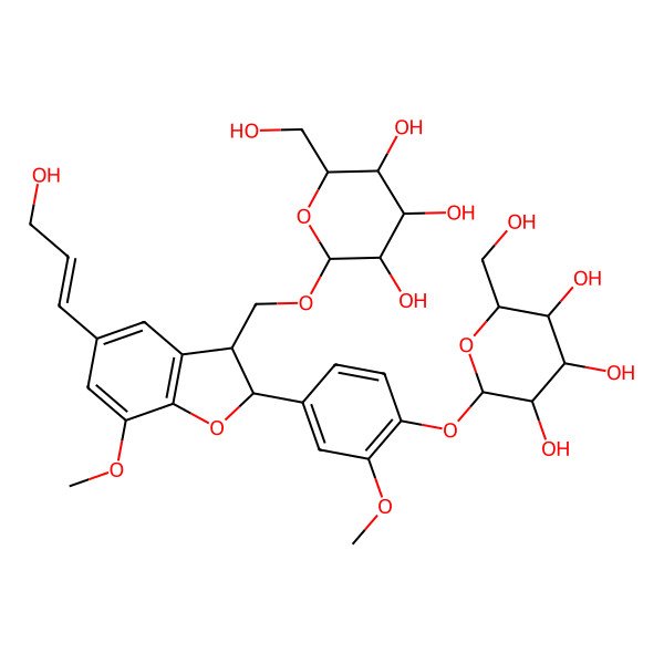 2D Structure of (2R,3S,4S,5R,6R)-2-(hydroxymethyl)-6-[[(2R,3S)-5-[(E)-3-hydroxyprop-1-enyl]-7-methoxy-2-[3-methoxy-4-[(2S,3R,4S,5S,6R)-3,4,5-trihydroxy-6-(hydroxymethyl)oxan-2-yl]oxyphenyl]-2,3-dihydro-1-benzofuran-3-yl]methoxy]oxane-3,4,5-triol