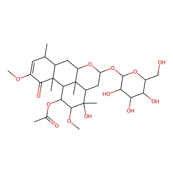 2D Structure of [(2S,9R,13R,14S,15R,17R)-14-hydroxy-4,15-dimethoxy-2,6,14,17-tetramethyl-3-oxo-11-[(2S,4S,6R)-3,4,5-trihydroxy-6-(hydroxymethyl)oxan-2-yl]oxy-10-oxatetracyclo[7.7.1.02,7.013,17]heptadec-4-en-16-yl] acetate