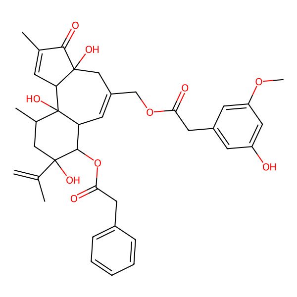 2D Structure of [(3Ar,6as,7r,8r,10r,10ar,10bs)-3a,8,10a-trihydroxy-2,10-dimethyl-3-oxo-7-[(phenylacetyl)oxy]-8-(prop-1-en-2-yl)-3,3a,4,6a,7,8,9,10,10a,10b-decahydrobenzo[e]azulen-5-yl]methyl(3-hydroxy-5-methoxyphenyl)acetate