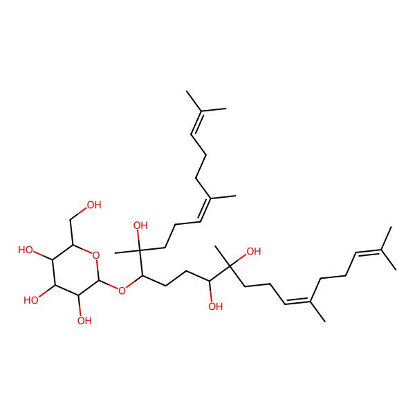 2D Structure of (2S,3S,4S,5R,6S)-2-(hydroxymethyl)-6-[(6E,10R,11S,14R,15R,18E)-10,14,15-trihydroxy-2,6,10,15,19,23-hexamethyltetracosa-2,6,18,22-tetraen-11-yl]oxyoxane-3,4,5-triol