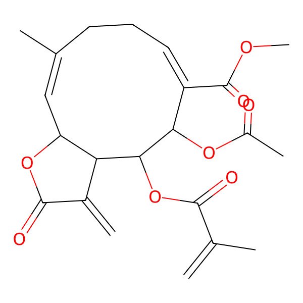 2D Structure of methyl (3aS,4S,5S,6E,10E,11aR)-5-acetyloxy-10-methyl-3-methylidene-4-(2-methylprop-2-enoyloxy)-2-oxo-3a,4,5,8,9,11a-hexahydrocyclodeca[b]furan-6-carboxylate