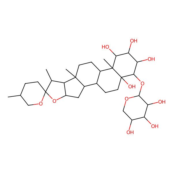 2D Structure of (1S,2S,4S,5'R,6R,7S,8R,9S,12S,13S,14S,15S,16S,17S,18R)-5',7,9,13-tetramethyl-17-[(2S,3R,4S,5R)-3,4,5-trihydroxyoxan-2-yl]oxyspiro[5-oxapentacyclo[10.8.0.02,9.04,8.013,18]icosane-6,2'-oxane]-14,15,16,18-tetrol