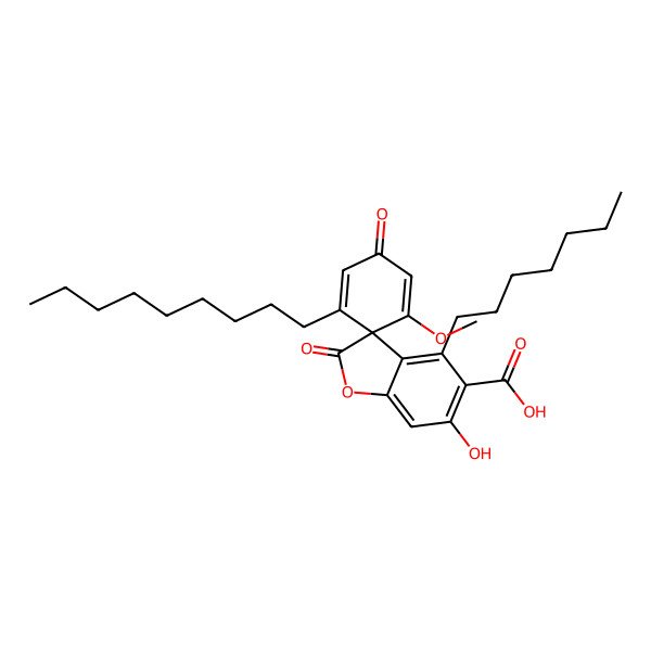 2D Structure of (3R)-4-heptyl-6-hydroxy-1'-methoxy-5'-nonyl-2,3'-dioxospiro[1-benzofuran-3,6'-cyclohexa-1,4-diene]-5-carboxylic acid