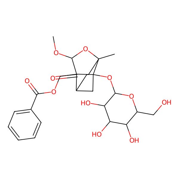 2D Structure of [8-Methoxy-6-methyl-4-oxo-1-[3,4,5-trihydroxy-6-(hydroxymethyl)oxan-2-yl]oxy-7-oxatricyclo[4.3.0.03,9]nonan-9-yl]methyl benzoate