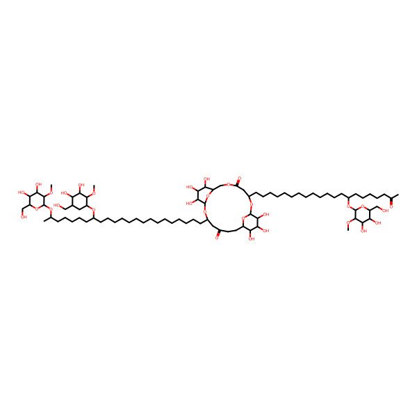 2D Structure of 14-[16-[3,4-Dihydroxy-5-(hydroxymethyl)-2-methoxycyclohexyl]oxy-22-[4,5-dihydroxy-6-(hydroxymethyl)-3-methoxyoxan-2-yl]oxytricosyl]-3-[14-[4,5-dihydroxy-6-(hydroxymethyl)-3-methoxyoxan-2-yl]oxy-20-oxohenicosyl]-9,10,11,20,21,22-hexahydroxy-2,6,13,23,24-pentaoxatricyclo[17.3.1.18,12]tetracosane-5,16-dione
