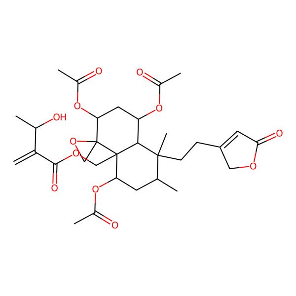 2D Structure of [1,3,5-triacetyloxy-7,8-dimethyl-8-[2-(5-oxo-2H-furan-3-yl)ethyl]spiro[2,3,5,6,7,8a-hexahydro-1H-naphthalene-4,2'-oxirane]-4a-yl]methyl 3-hydroxy-2-methylidenebutanoate