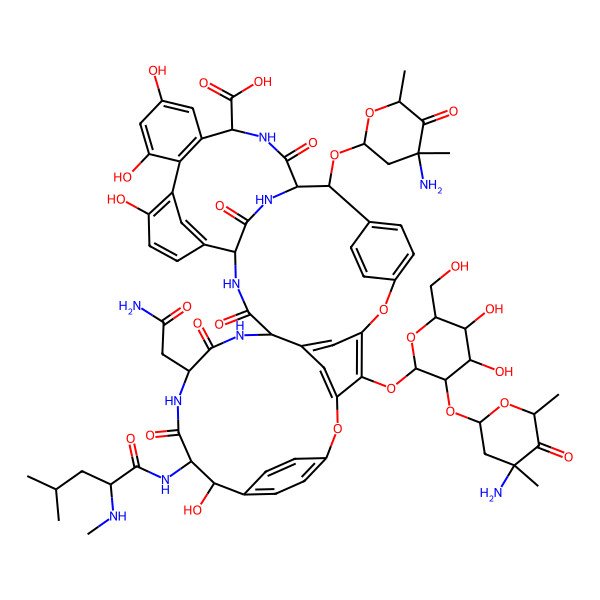 2D Structure of 2-(4-Amino-4,6-dimethyl-5-oxooxan-2-yl)oxy-48-[3-(4-amino-4,6-dimethyl-5-oxooxan-2-yl)oxy-4,5-dihydroxy-6-(hydroxymethyl)oxan-2-yl]oxy-22-(2-amino-2-oxoethyl)-18,32,35,37-tetrahydroxy-19-[[4-methyl-2-(methylamino)pentanoyl]amino]-20,23,26,42,44-pentaoxo-7,13-dioxa-21,24,27,41,43-pentazaoctacyclo[26.14.2.23,6.214,17.18,12.129,33.010,25.034,39]pentaconta-3(50),4,6(49),8,10,12(48),14(47),15,17(46),29(45),30,32,34(39),35,37-pentadecaene-40-carboxylic acid