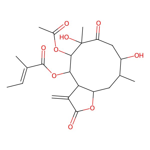 2D Structure of (5-Acetyloxy-6,9-dihydroxy-6,10-dimethyl-3-methylidene-2,7-dioxo-3a,4,5,8,9,10,11,11a-octahydrocyclodeca[b]furan-4-yl) 2-methylbut-2-enoate