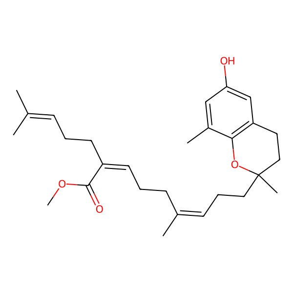 2D Structure of Methyl 9-(6-hydroxy-2,8-dimethyl-3,4-dihydrochromen-2-yl)-6-methyl-2-(4-methylpent-3-enyl)nona-2,6-dienoate