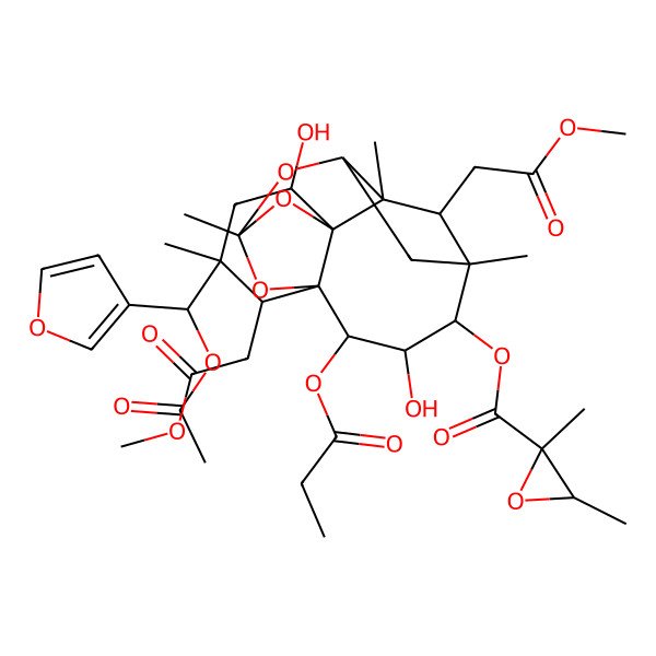 2D Structure of [(1S,2R,3S,4S,5R,6S,7R,12R,13R,15R,16R)-15-[(R)-acetyloxy(furan-3-yl)methyl]-3,13-dihydroxy-6,16-bis(2-methoxy-2-oxoethyl)-5,7,10,15-tetramethyl-2-propanoyloxy-9,11,17-trioxapentacyclo[8.6.1.15,8.01,12.07,12]octadecan-4-yl] 2,3-dimethyloxirane-2-carboxylate