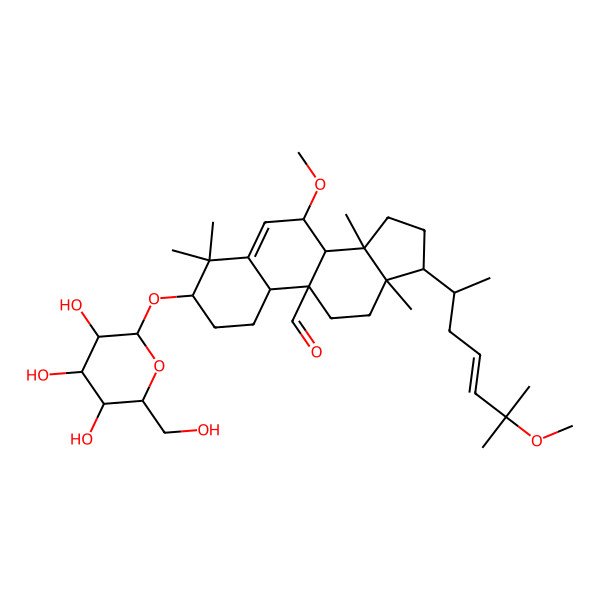 2D Structure of (3S,7R,8S,9R,10R,13R,14S,17R)-7-methoxy-17-[(E,2R)-6-methoxy-6-methylhept-4-en-2-yl]-4,4,13,14-tetramethyl-3-[(2R,3R,4S,5S,6R)-3,4,5-trihydroxy-6-(hydroxymethyl)oxan-2-yl]oxy-2,3,7,8,10,11,12,15,16,17-decahydro-1H-cyclopenta[a]phenanthrene-9-carbaldehyde