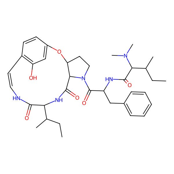 2D Structure of (2S,3S)-N-[(2S)-1-[(3S,7S,10S,13Z)-10-[(2S)-butan-2-yl]-16-hydroxy-8,11-dioxo-2-oxa-6,9,12-triazatricyclo[13.2.2.03,7]nonadeca-1(17),13,15,18-tetraen-6-yl]-1-oxo-3-phenylpropan-2-yl]-2-(dimethylamino)-3-methylpentanamide