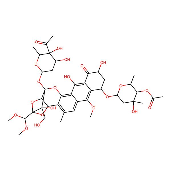 2D Structure of [(2S,3R,4R,6R)-6-[[(1S,8S,10S,17R,18S,19R,21S)-17-[(2S,4R,5S,6S)-5-acetyl-4,5-dihydroxy-6-methyloxan-2-yl]oxy-19-(dimethoxymethyl)-10,13,18-trihydroxy-18-(hydroxymethyl)-6-methoxy-3-methyl-11-oxo-16,20,22-trioxahexacyclo[17.2.1.02,15.05,14.07,12.017,21]docosa-2(15),3,5(14),6,12-pentaen-8-yl]oxy]-4-hydroxy-2,4-dimethyloxan-3-yl] acetate