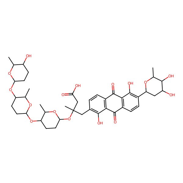 2D Structure of (3S)-4-[6-[(2S,4S,5R,6R)-4,5-dihydroxy-6-methyloxan-2-yl]-1,5-dihydroxy-9,10-dioxoanthracen-2-yl]-3-[(2S,5R,6S)-5-[(2S,5R,6S)-5-[(2S,5S,6R)-5-hydroxy-6-methyloxan-2-yl]oxy-6-methyloxan-2-yl]oxy-6-methyloxan-2-yl]oxy-3-methylbutanoic acid