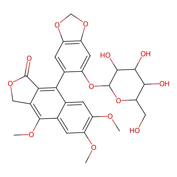 2D Structure of 4,6,7-trimethoxy-9-[6-[3,4,5-trihydroxy-6-(hydroxymethyl)oxan-2-yl]oxy-1,3-benzodioxol-5-yl]-3H-benzo[f][2]benzofuran-1-one