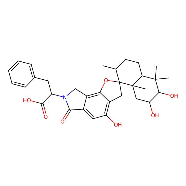 2D Structure of (2S)-2-[(2R,3S,4aS,7R,8R,8aS)-2,3,4'-trihydroxy-4,4,7,8a-tetramethyl-6'-oxospiro[2,3,4a,5,6,7-hexahydro-1H-naphthalene-8,2'-3,8-dihydrouro[2,3-e]isoindole]-7'-yl]-3-phenylpropanoic acid