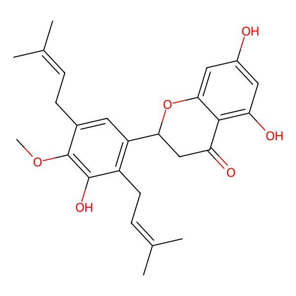 2D Structure of (2S)-5,7-dihydroxy-2-[3-hydroxy-4-methoxy-2,5-bis(3-methylbut-2-enyl)phenyl]-2,3-dihydrochromen-4-one