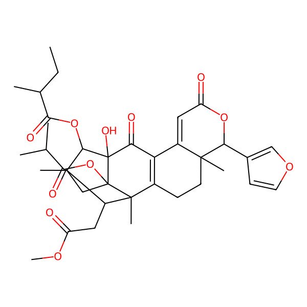 2D Structure of [(1S,5R,6R,13R,14R,15R,17R,18R)-6-(furan-3-yl)-13-hydroxy-18-(2-methoxy-2-oxoethyl)-1,5,15-trimethyl-17-(2-methylpropanoyloxy)-8,12-dioxo-7-oxapentacyclo[13.2.1.02,11.05,10.013,17]octadeca-2(11),9-dien-14-yl] (2S)-2-methylbutanoate