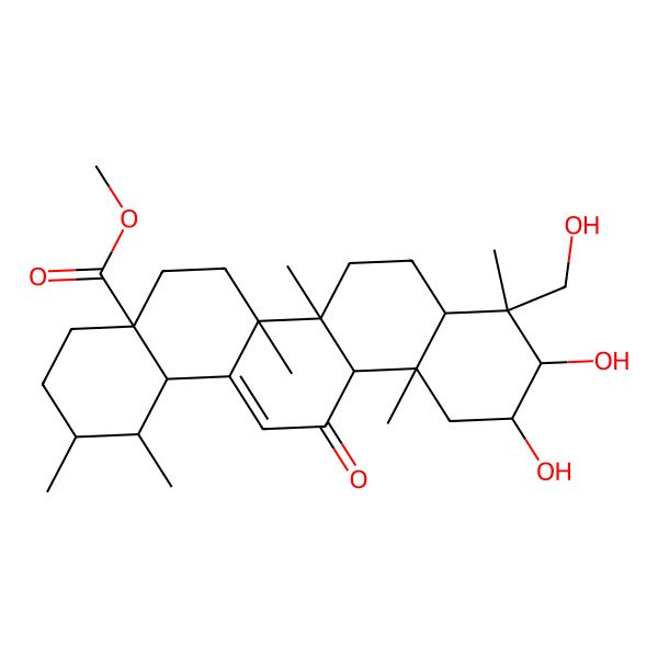 2D Structure of methyl (1S,2R,4aS,6aR,6aR,6bR,8aR,9R,10R,11R,12aS,14bS)-10,11-dihydroxy-9-(hydroxymethyl)-1,2,6a,6b,9,12a-hexamethyl-13-oxo-1,2,3,4,5,6,6a,7,8,8a,10,11,12,14b-tetradecahydropicene-4a-carboxylate