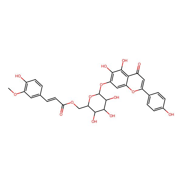 2D Structure of [(2R,3S,4S,5R,6S)-6-[5,6-dihydroxy-2-(4-hydroxyphenyl)-4-oxochromen-7-yl]oxy-3,4,5-trihydroxyoxan-2-yl]methyl (E)-3-(4-hydroxy-3-methoxyphenyl)prop-2-enoate