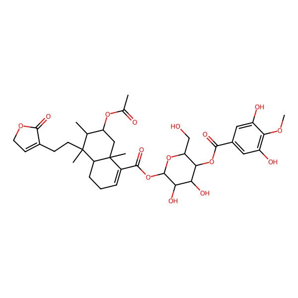 2D Structure of [(2S,3R,4R,5S,6R)-5-(3,5-dihydroxy-4-methoxybenzoyl)oxy-3,4-dihydroxy-6-(hydroxymethyl)oxan-2-yl] (4aR,5R,6S,7S,8aR)-7-acetyloxy-5,6,8a-trimethyl-5-[2-(5-oxo-2H-furan-4-yl)ethyl]-3,4,4a,6,7,8-hexahydronaphthalene-1-carboxylate