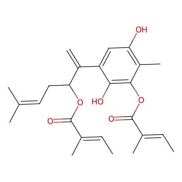 2D Structure of [2,5-dihydroxy-6-methyl-3-[(3S)-6-methyl-3-[(Z)-2-methylbut-2-enoyl]oxyhepta-1,5-dien-2-yl]phenyl] (Z)-2-methylbut-2-enoate
