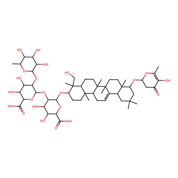 2D Structure of (2S,3S,4S,5R,6R)-6-[[(3S,4S,4aR,6aR,6bS,8aR,9R,12aS,14aR,14bR)-4-(hydroxymethyl)-9-[[(2S)-5-hydroxy-6-methyl-4-oxo-2,3-dihydropyran-2-yl]oxy]-4,6a,6b,8a,11,11,14b-heptamethyl-1,2,3,4a,5,6,7,8,9,10,12,12a,14,14a-tetradecahydropicen-3-yl]oxy]-5-[(2R,3R,4S,5S,6S)-6-carboxy-4,5-dihydroxy-3-[(2S,3R,4R,5R,6S)-3,4,5-trihydroxy-6-methyloxan-2-yl]oxyoxan-2-yl]oxy-3,4-dihydroxyoxane-2-carboxylic acid