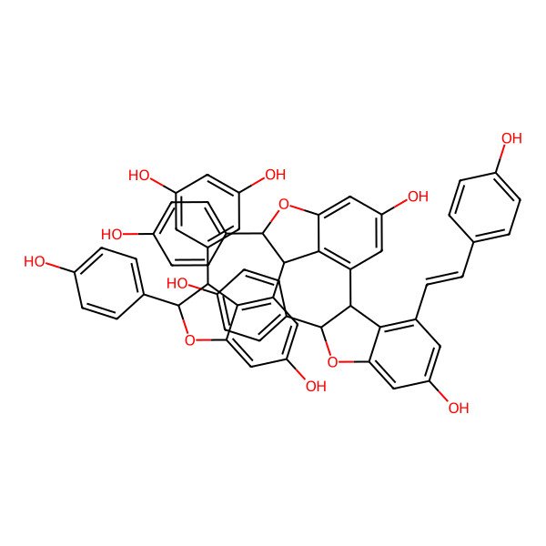 2D Structure of 5-[(2R,3R)-6-hydroxy-4-[(2S,3S)-6-hydroxy-4-[(2S,3S)-6-hydroxy-2-(4-hydroxyphenyl)-4-[(Z)-2-(4-hydroxyphenyl)ethenyl]-2,3-dihydro-1-benzofuran-3-yl]-2-(4-hydroxyphenyl)-2,3-dihydro-1-benzofuran-3-yl]-2-(4-hydroxyphenyl)-2,3-dihydro-1-benzofuran-3-yl]benzene-1,3-diol