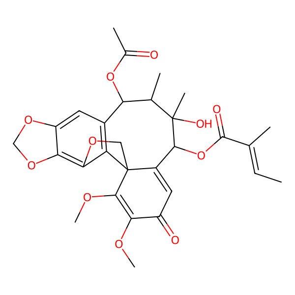 2D Structure of (12-Acetyloxy-14-hydroxy-19,20-dimethoxy-13,14-dimethyl-18-oxo-3,6,8-trioxapentacyclo[9.9.1.01,16.04,21.05,9]henicosa-4(21),5(9),10,16,19-pentaen-15-yl) 2-methylbut-2-enoate