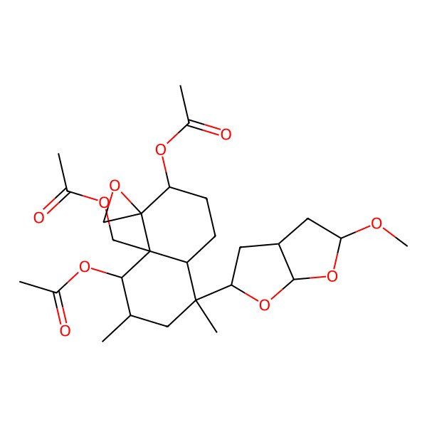 2D Structure of [(3S,4R,4aR,5S,6R,8R,8aS)-8-[(2R,3aR,5R,6aS)-5-methoxy-2,3,3a,4,5,6a-hexahydrofuro[2,3-b]furan-2-yl]-3,5-diacetyloxy-6,8-dimethylspiro[2,3,5,6,7,8a-hexahydro-1H-naphthalene-4,2'-oxirane]-4a-yl]methyl acetate