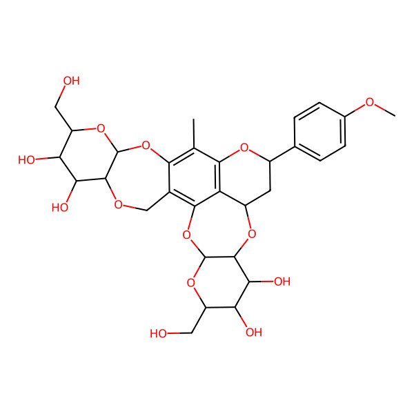 2D Structure of (5R,6S,7S,8R,10S,16S,18R,20R,21S,22S,23R,25S)-8,23-bis(hydroxymethyl)-16-(4-methoxyphenyl)-13-methyl-4,9,11,15,19,24,26-heptaoxahexacyclo[12.12.1.02,12.05,10.018,27.020,25]heptacosa-1,12,14(27)-triene-6,7,21,22-tetrol